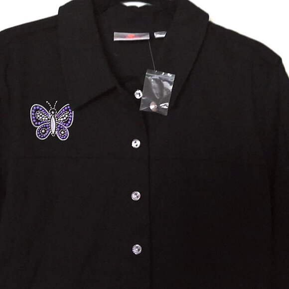 New Quacker Factory Black Denim Jacket Shirt Style Butterfly & Bling NWT Sz L - Picture 2 of 6